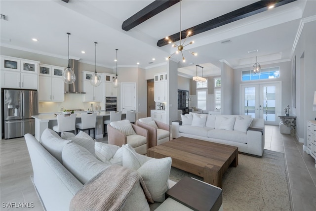 living room with crown molding, beam ceiling, and french doors