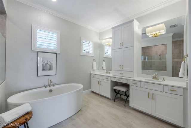 bathroom featuring vanity, ornamental molding, and plus walk in shower