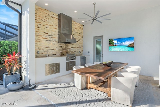 interior space featuring ceiling fan, an outdoor kitchen, a grill, and sink