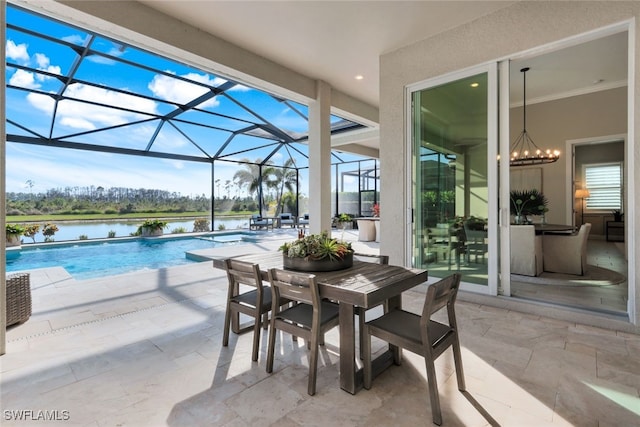 view of patio / terrace with glass enclosure and a water view