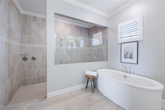 bathroom featuring tile patterned floors, ornamental molding, and shower with separate bathtub