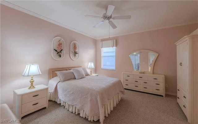 bedroom featuring light carpet, ornamental molding, and ceiling fan