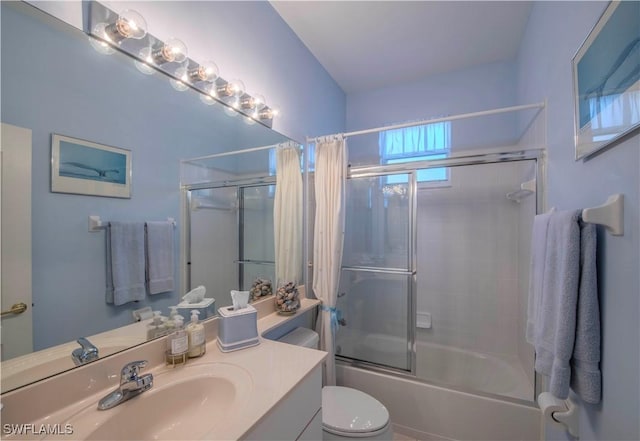 full bathroom featuring shower / bathtub combination with curtain, vanity, and toilet