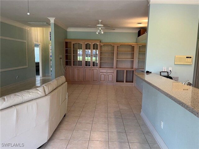 9269 Coach House Ln, Estero, FL 33928 - kitchen featuring a ceiling fan, open shelves, light tile patterned flooring, and ornamental molding