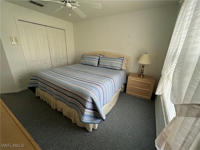 9269 Coach House Ln, Estero, FL 33928 - bedroom with visible vents, carpet floors, a closet, and ceiling fan