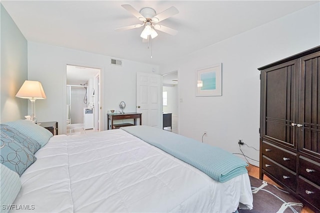 bedroom with connected bathroom and ceiling fan