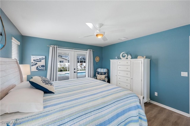 bedroom featuring french doors, ceiling fan, dark wood-type flooring, and access to outside