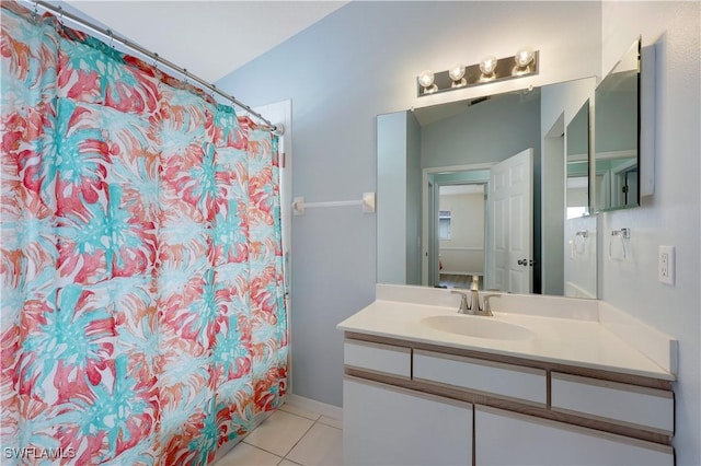 bathroom with vanity, tile patterned floors, and a shower with shower curtain