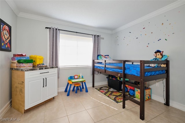 bedroom with crown molding and light tile patterned flooring