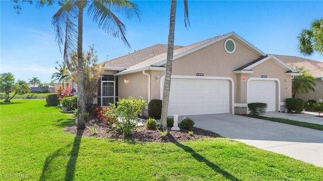 ranch-style home featuring a garage and a front yard