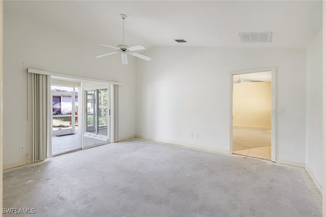 unfurnished room with ceiling fan and lofted ceiling