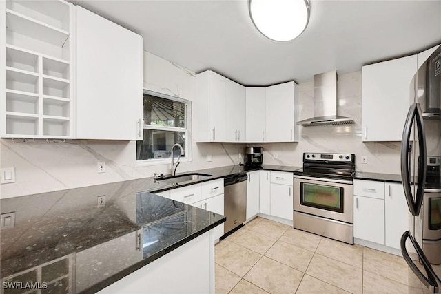 kitchen with wall chimney range hood, sink, white cabinetry, stainless steel appliances, and dark stone counters