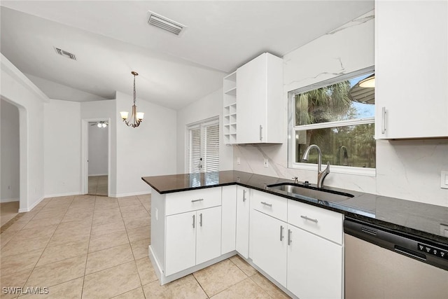 kitchen featuring sink, white cabinets, hanging light fixtures, stainless steel dishwasher, and kitchen peninsula