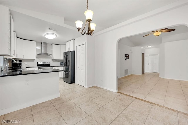 kitchen with wall chimney exhaust hood, sink, white cabinetry, black refrigerator with ice dispenser, and electric range