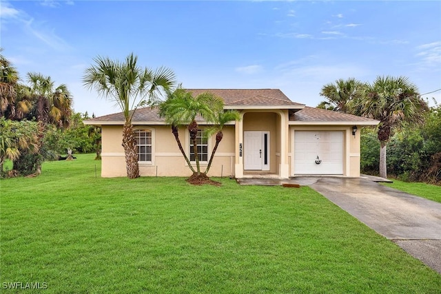 single story home featuring a garage and a front yard