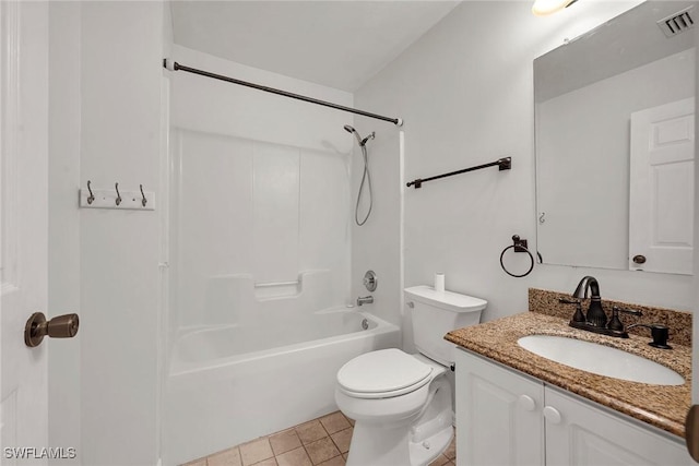 full bathroom featuring vanity, shower / washtub combination, tile patterned floors, and toilet