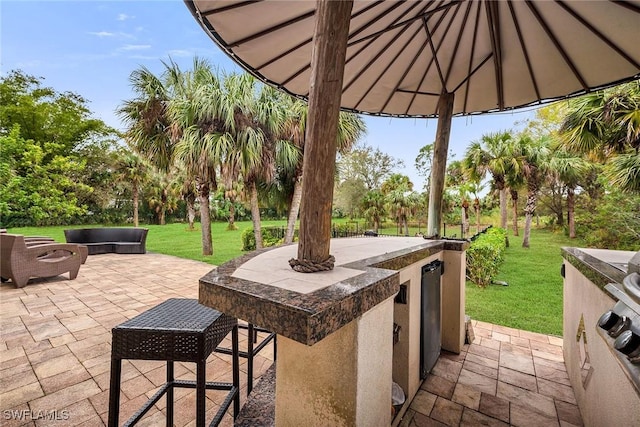 view of patio featuring exterior kitchen, an outdoor bar, and a fire pit