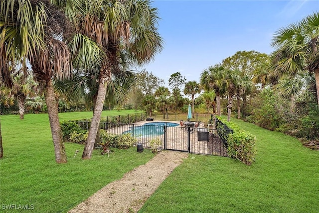 view of swimming pool with a yard