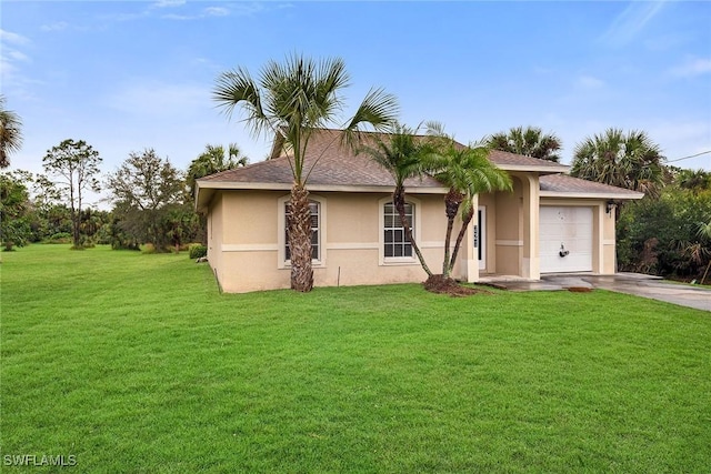 ranch-style house with a garage and a front yard