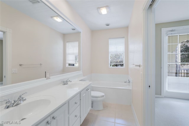 bathroom with tile patterned flooring, vanity, a bathtub, and toilet