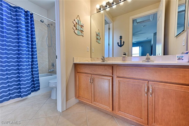 full bathroom with tile patterned flooring, vanity, shower / bathtub combination with curtain, and toilet