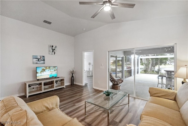 living room with hardwood / wood-style flooring, lofted ceiling, and ceiling fan