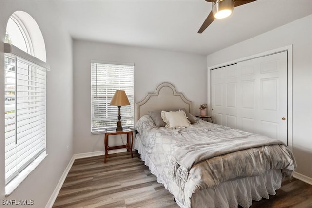 bedroom featuring ceiling fan, hardwood / wood-style floors, and a closet