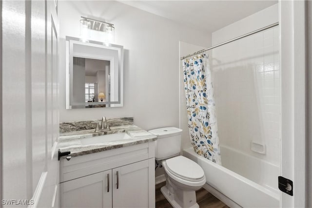 full bathroom with vanity, wood-type flooring, shower / bathtub combination with curtain, and toilet