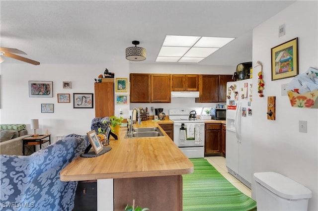 kitchen with sink, white appliances, ceiling fan, butcher block counters, and kitchen peninsula