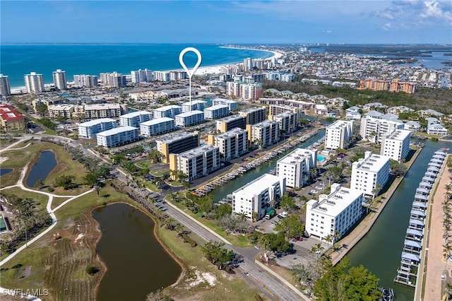 bird's eye view with a water view