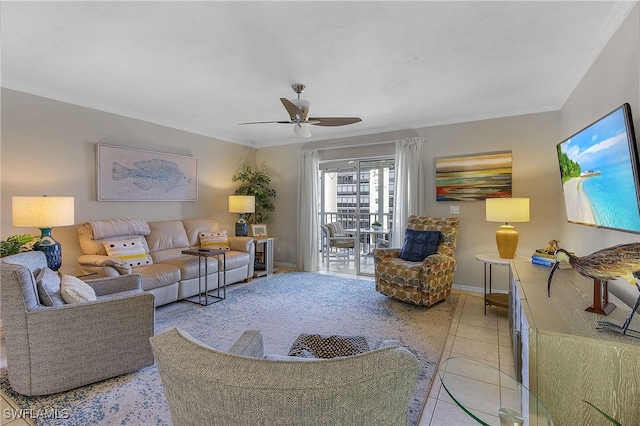 tiled living room featuring ceiling fan and ornamental molding