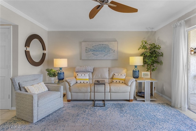 tiled living room with crown molding and ceiling fan