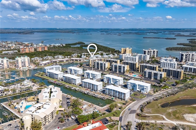 aerial view featuring a water view