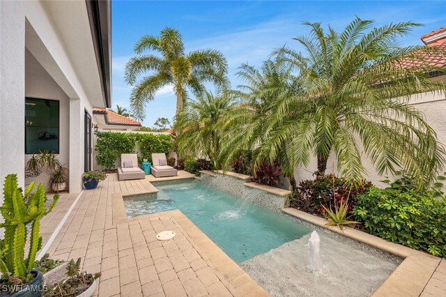 view of pool with a patio and pool water feature