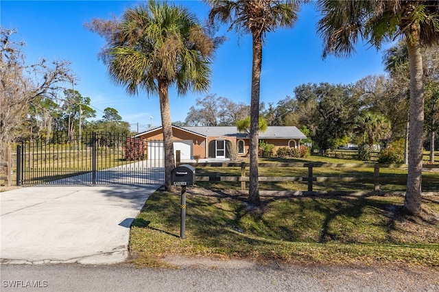 view of front of property with driveway, a garage, a gate, and a front lawn