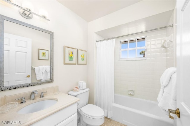 full bathroom with shower / bathtub combination with curtain, vanity, and toilet