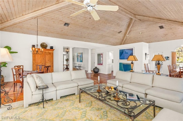 living room with decorative columns, high vaulted ceiling, wooden ceiling, beamed ceiling, and ceiling fan with notable chandelier