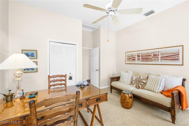 office featuring ceiling fan and carpet flooring