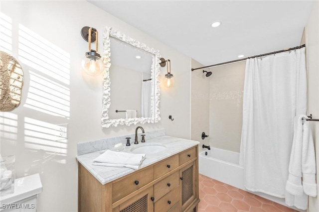 bathroom with tile patterned flooring, vanity, and shower / bathtub combination with curtain