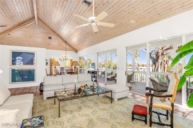 living room featuring high vaulted ceiling, ceiling fan with notable chandelier, wooden ceiling, and beamed ceiling