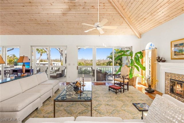 living room with wood ceiling, a healthy amount of sunlight, a fireplace, and vaulted ceiling