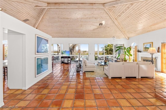 unfurnished living room featuring high vaulted ceiling, beam ceiling, tile patterned floors, and wooden ceiling