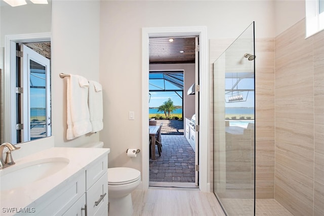 bathroom with vanity, a tile shower, and toilet