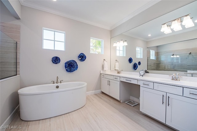 bathroom featuring ornamental molding, plus walk in shower, hardwood / wood-style floors, and vanity