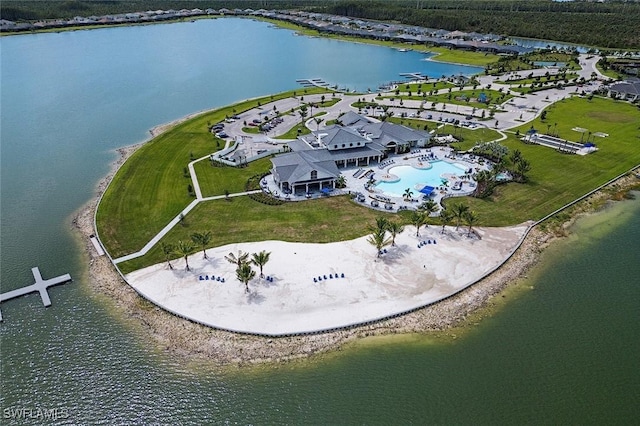 drone / aerial view featuring a water view