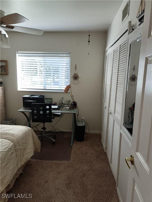 bedroom featuring ceiling fan and a closet