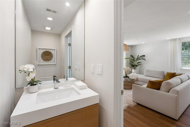 bathroom with hardwood / wood-style flooring and vanity