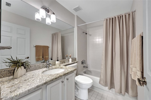 full bathroom with shower / bath combination with curtain, tile patterned floors, toilet, and vanity