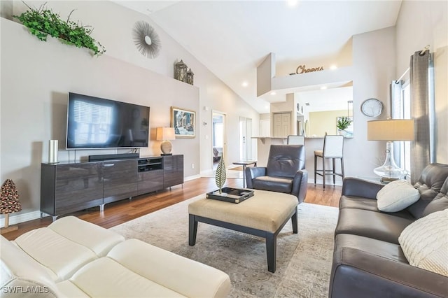 living room with high vaulted ceiling and light hardwood / wood-style floors