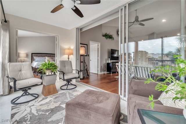 living room with hardwood / wood-style flooring and lofted ceiling